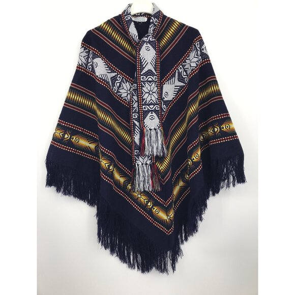 Inca Imports Southwestern Boho Navy Fringe Tassel Close Poncho Shawl One Size - Picture 1 of 5